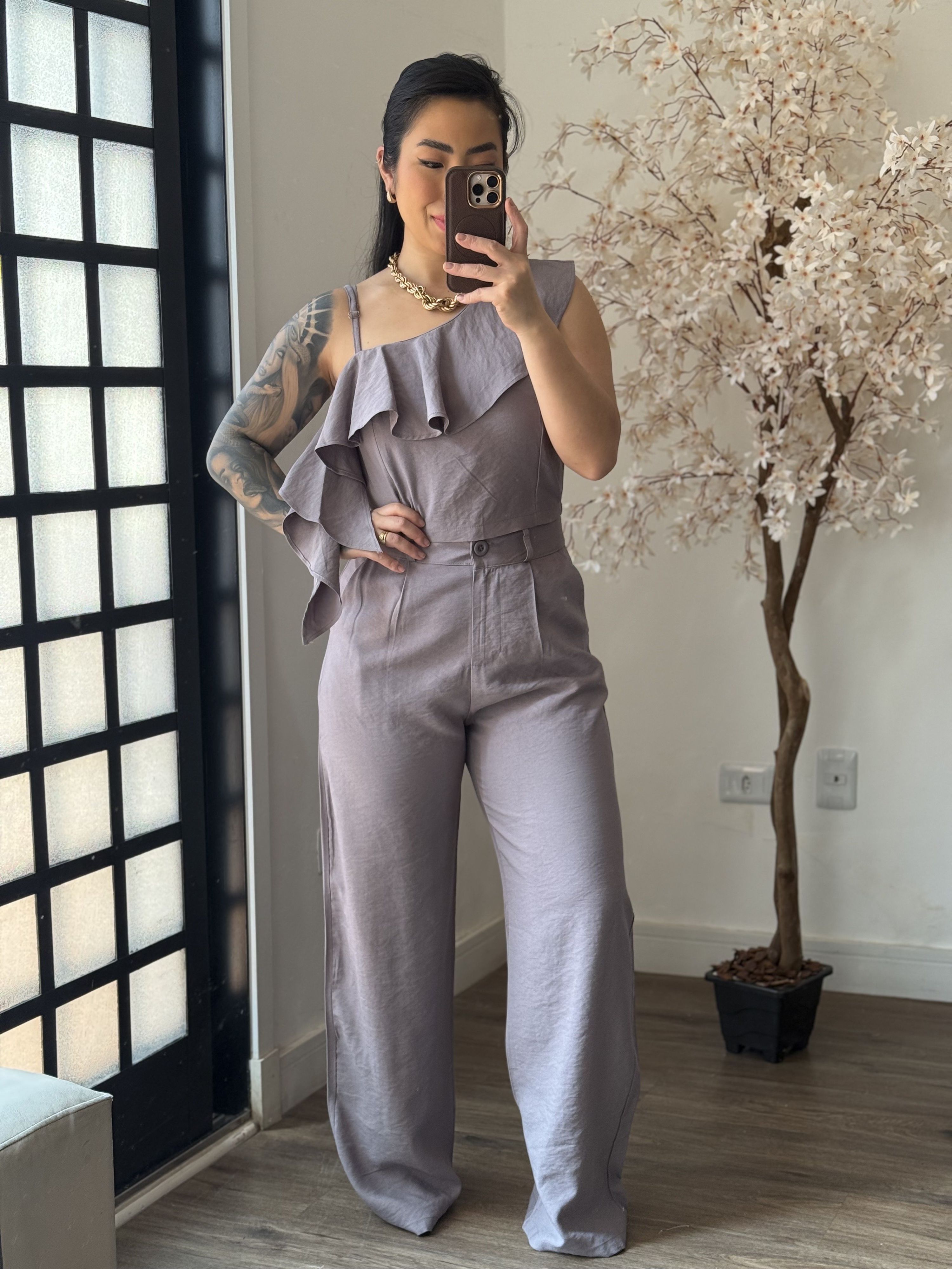 Conjunto Pantalona Babado Maria Liz Y493 - Cinza C...