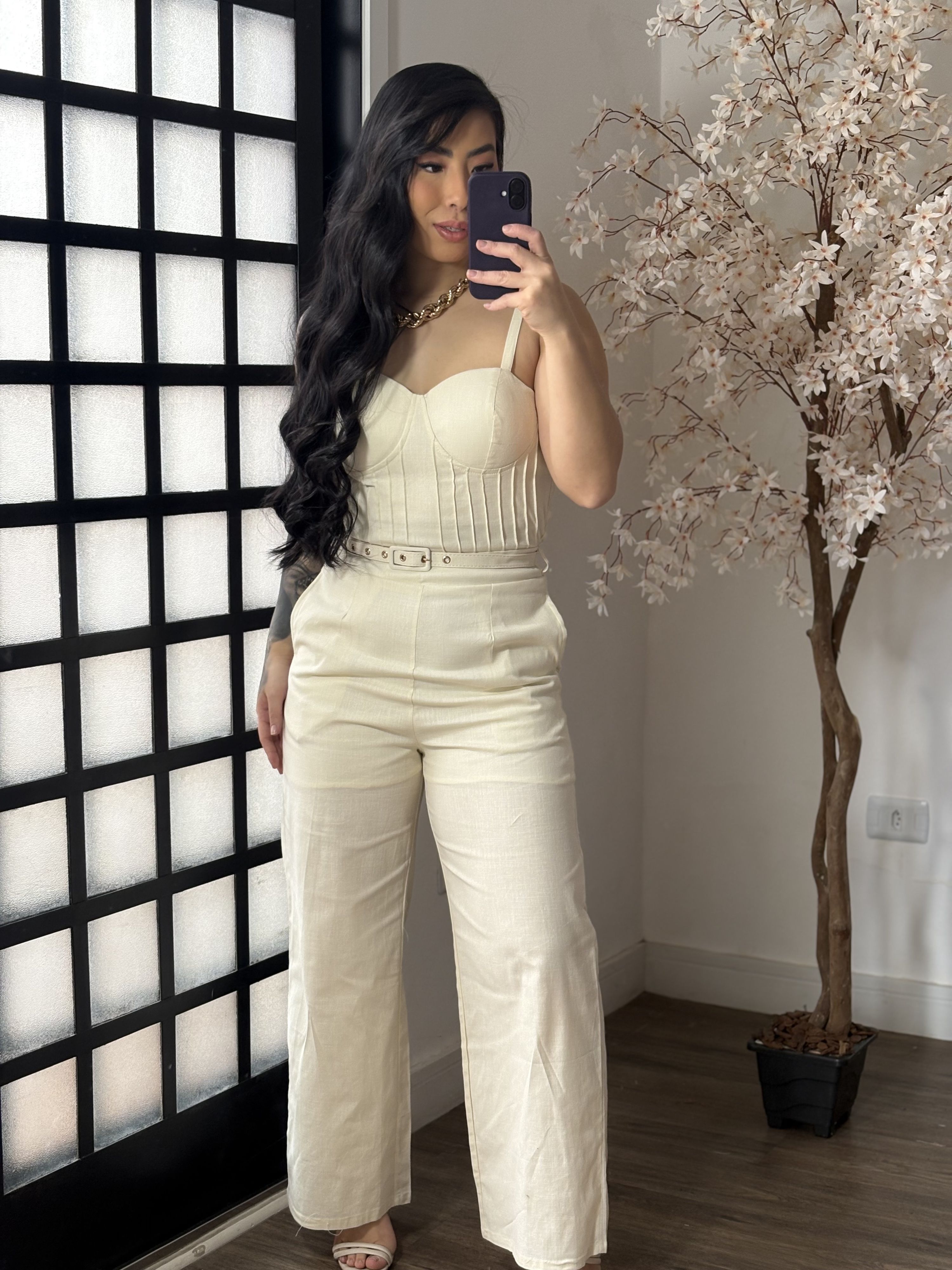 Macacão Linho com Cinto Zoe L007 - Bege C052