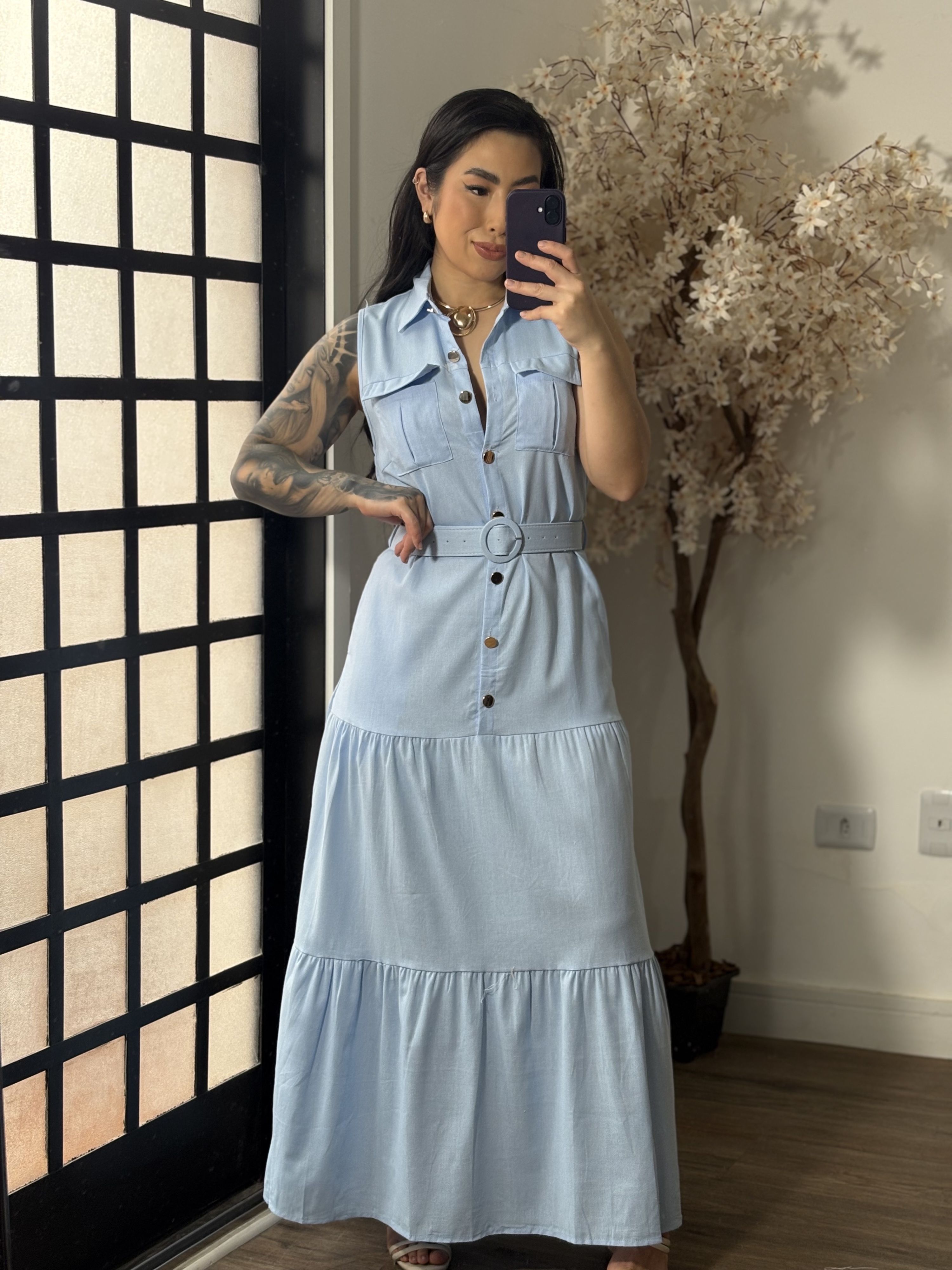 Vestido Linho C/ Cinto Ayla 3600 - Azul C066