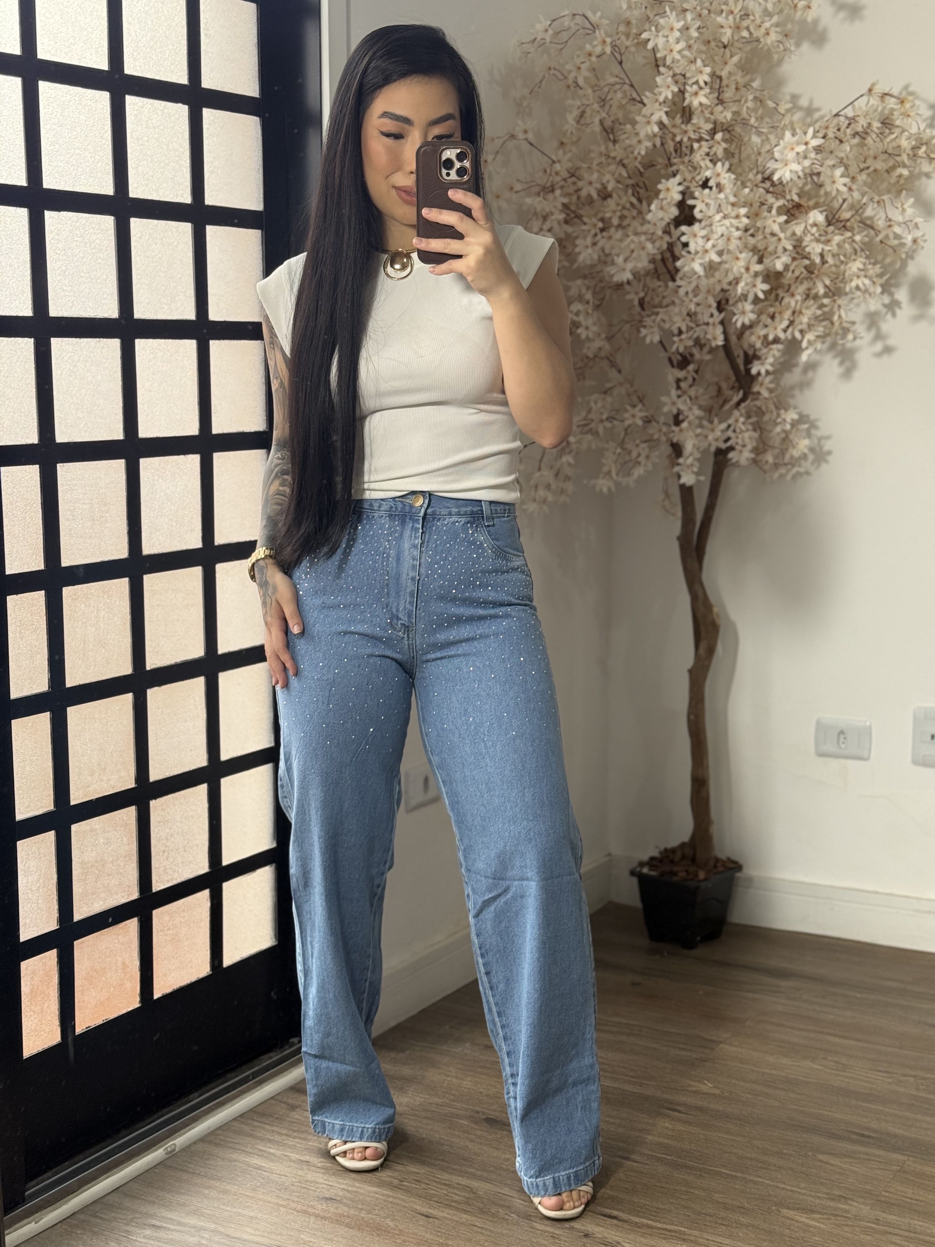 Calça Jeans Wide Leg com Brilho Marmorizada 1477C1...