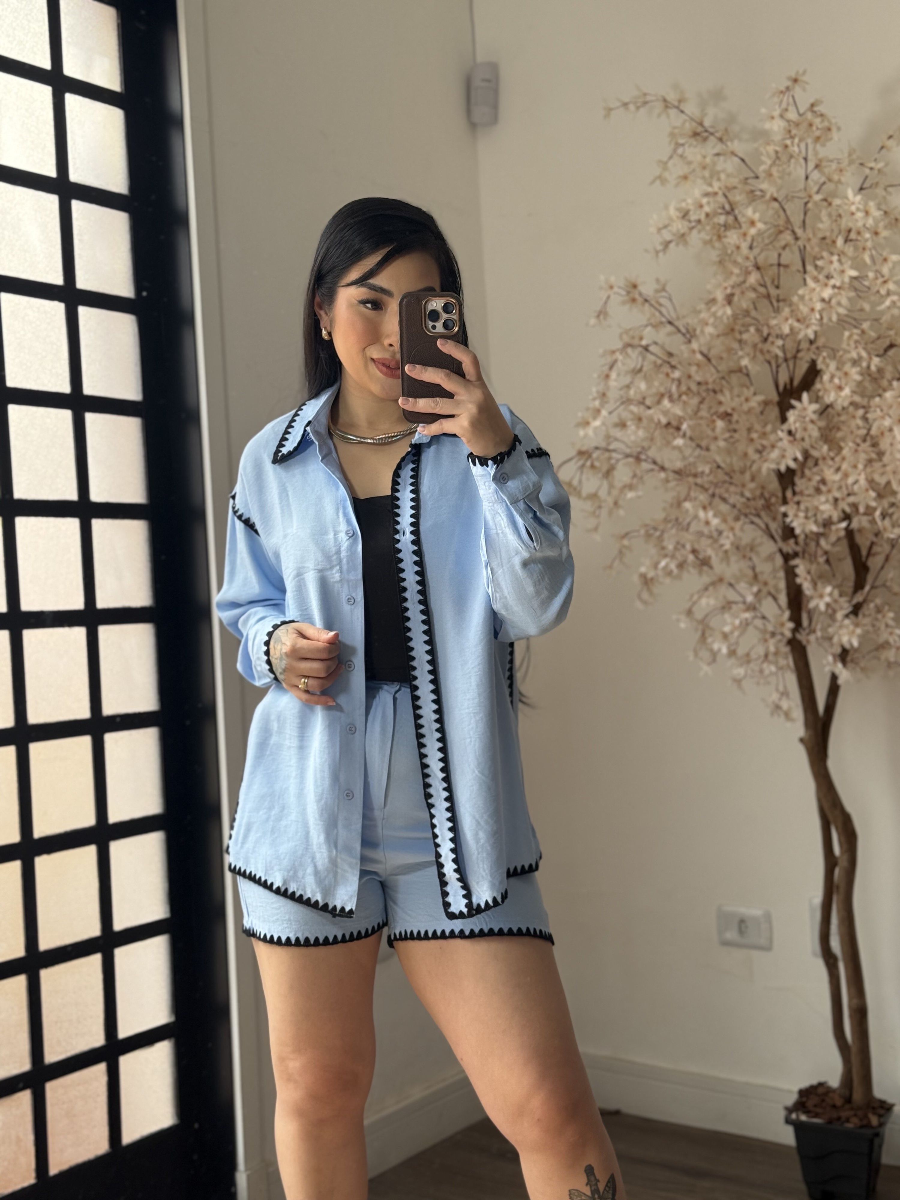 Conjunto Shorts Bordado Marina 1651 - Azul Claro C...