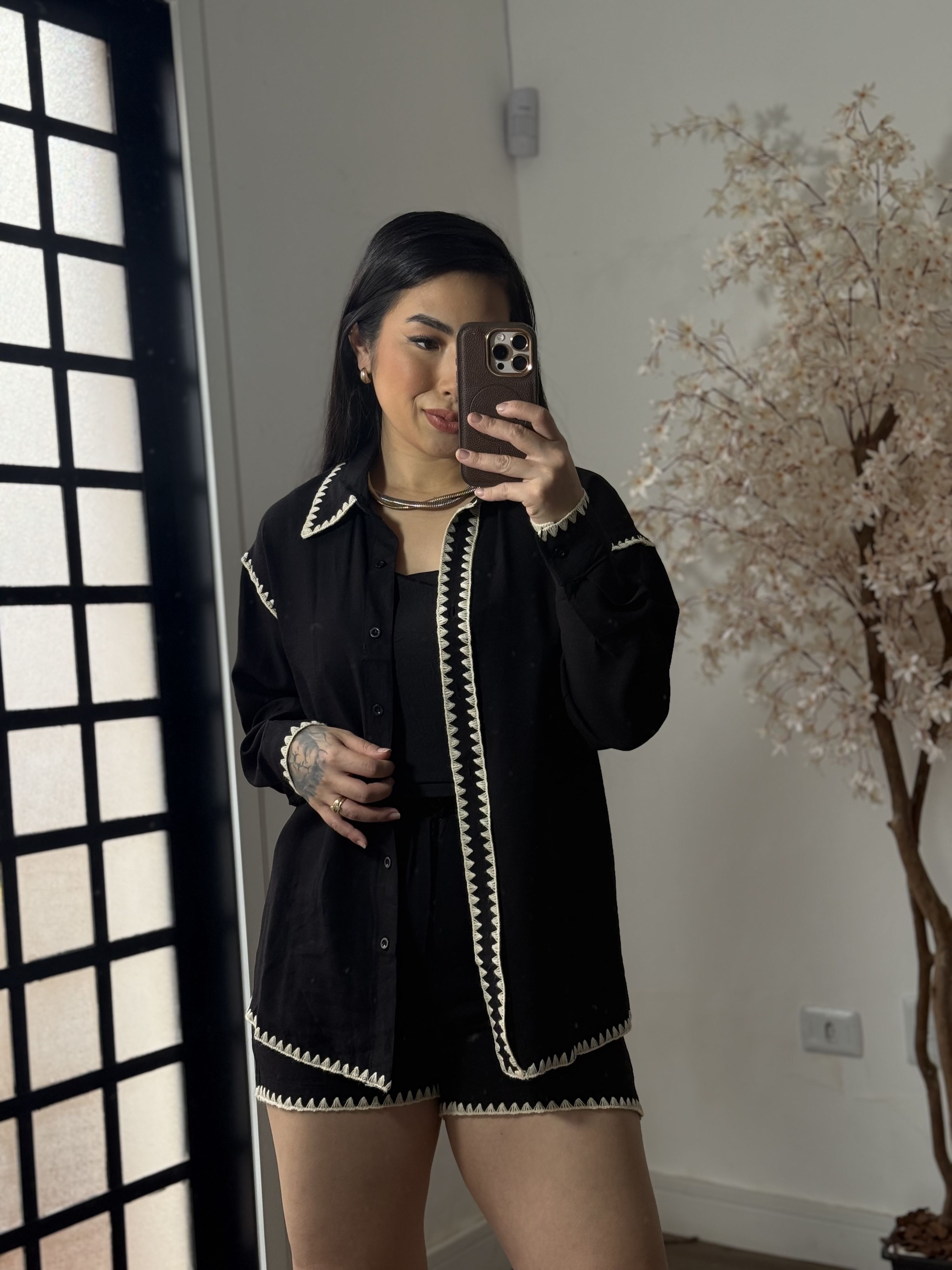 Conjunto Shorts Bordado Marina 1651 - Preto C050