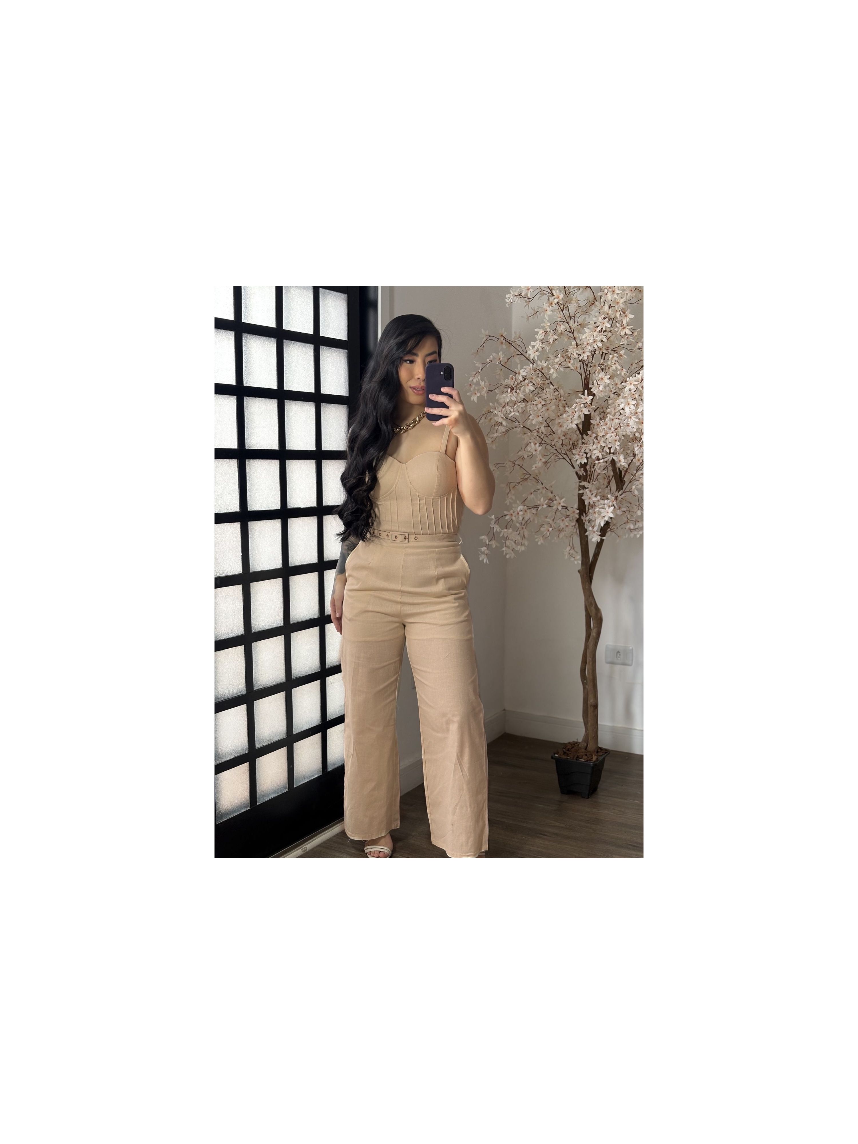 Macacao Linho com Cinto Zoe L007 - Areia C053