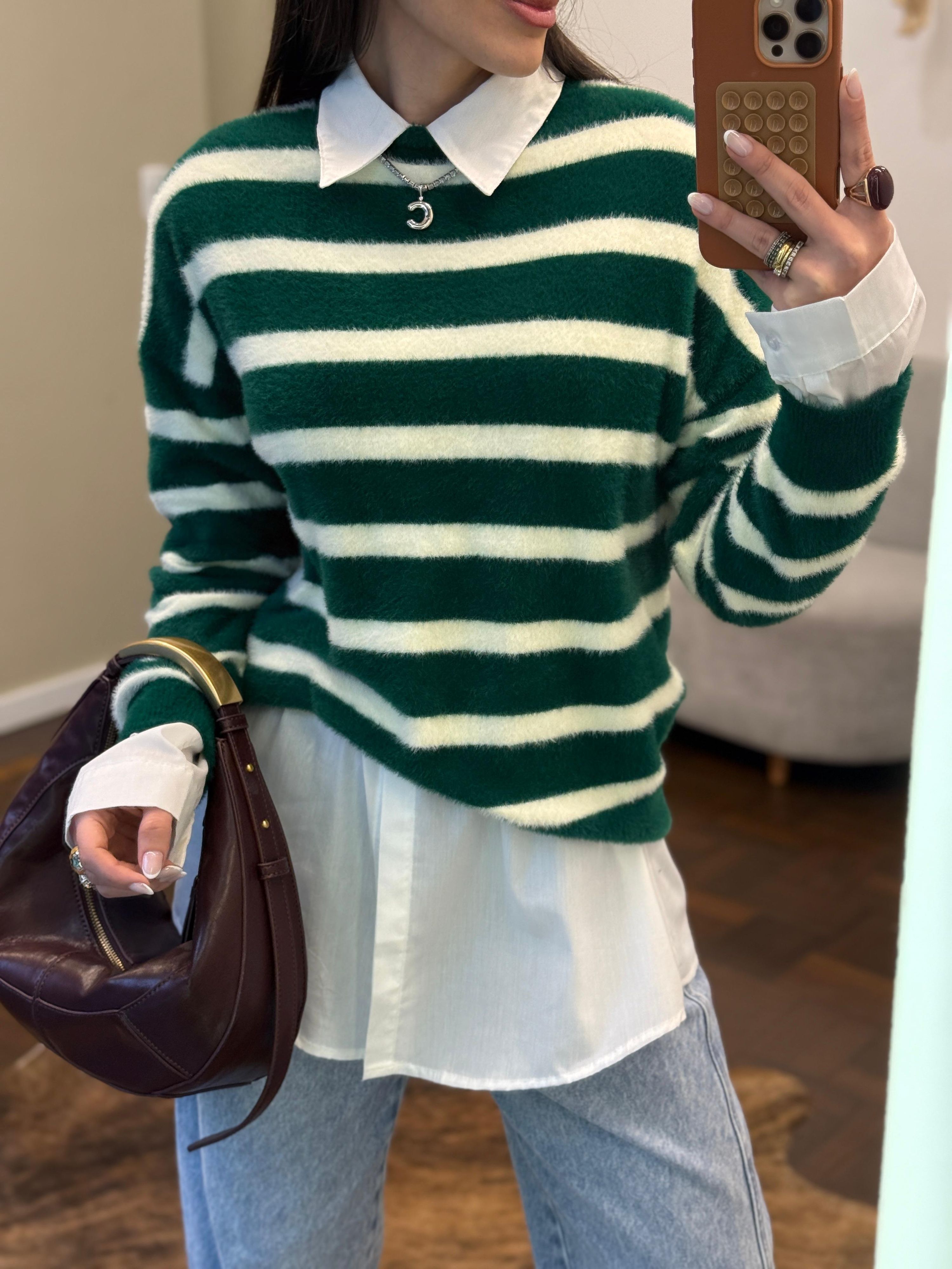 Blusão Tricot Fio Angorá Listrado 