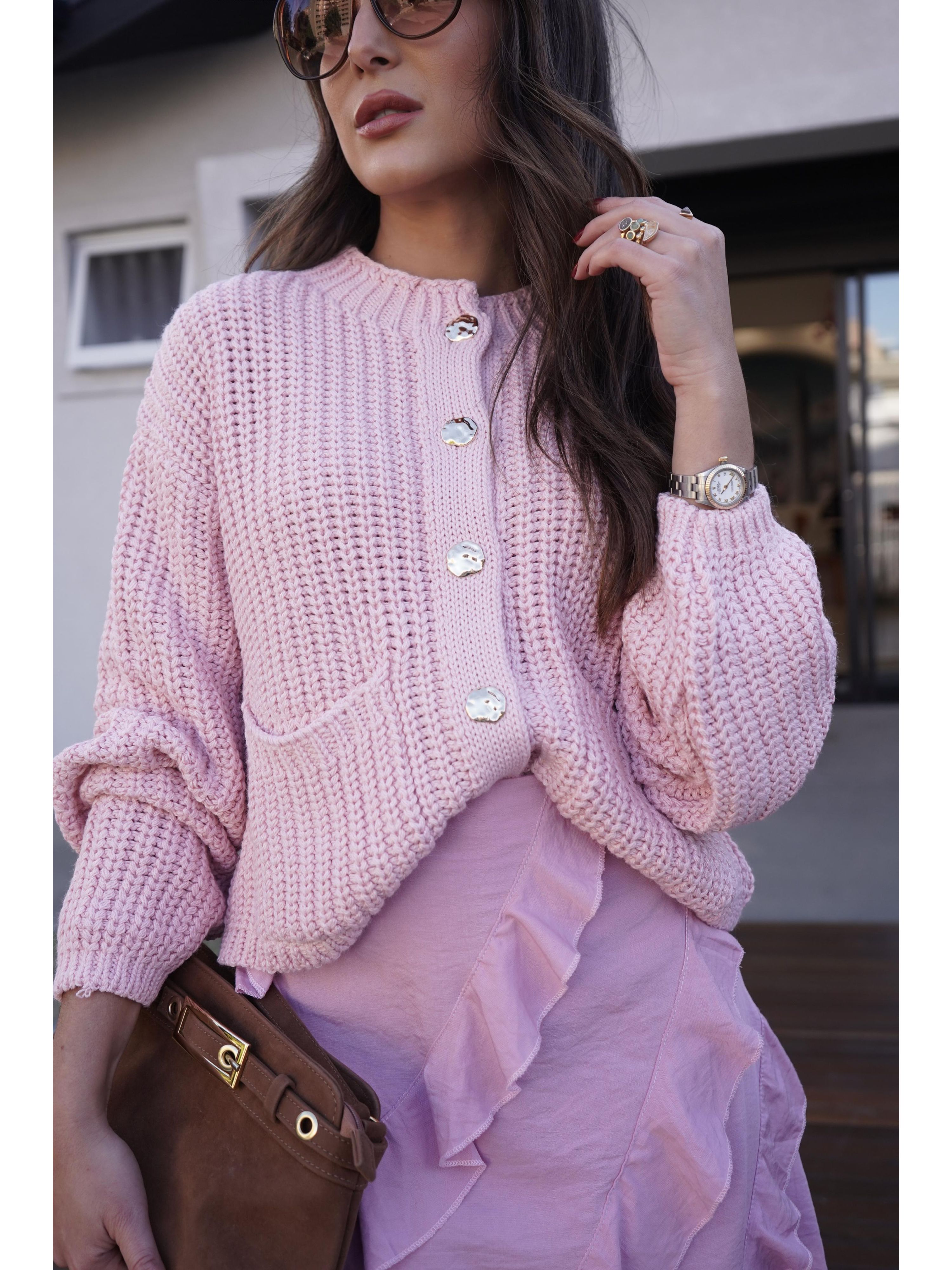 Cardigã Tricot Botões Orgânicos - Rosa Bebê 