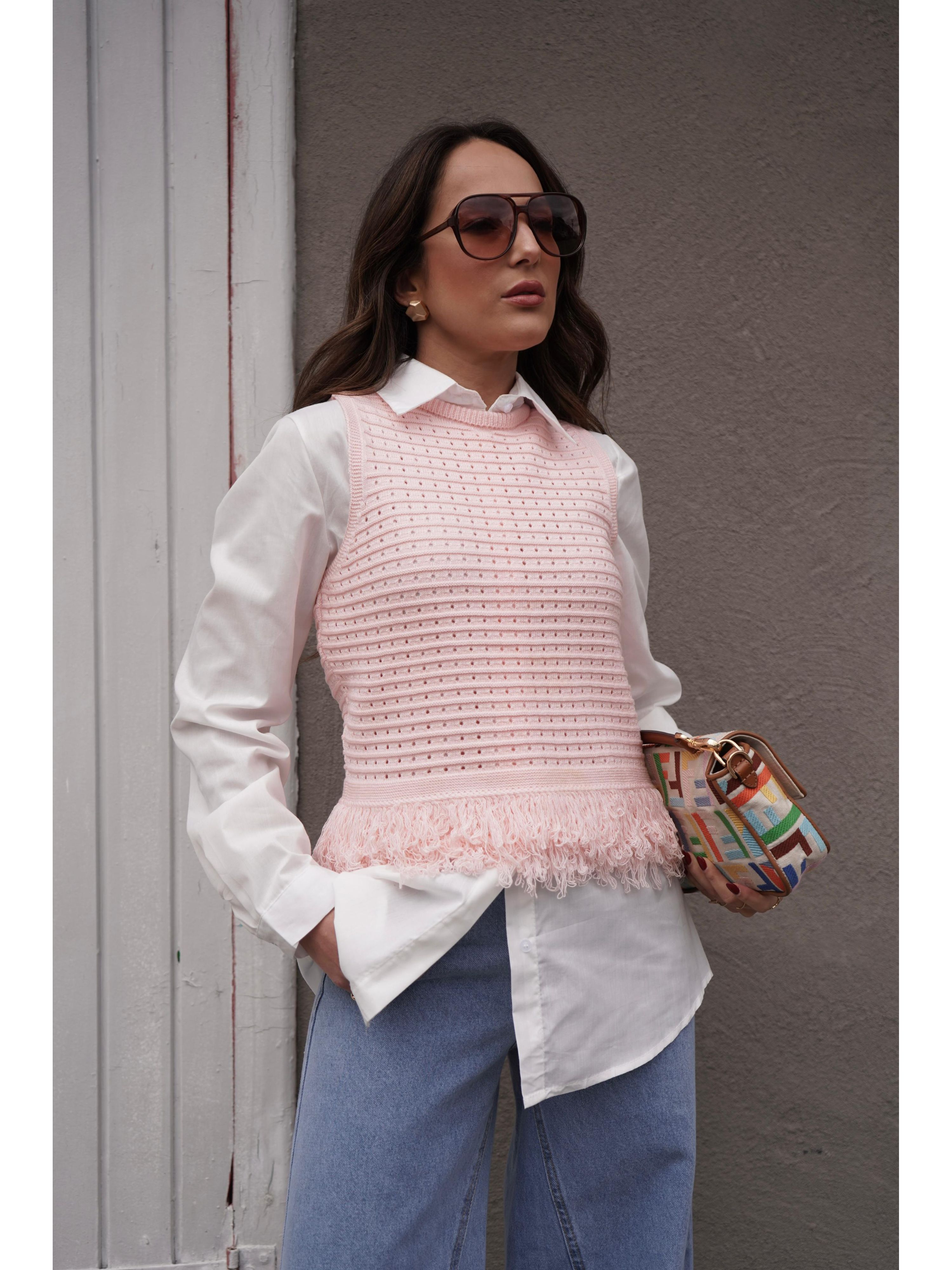Blusa Tricot Franjas na Barra - Rosa Bebê