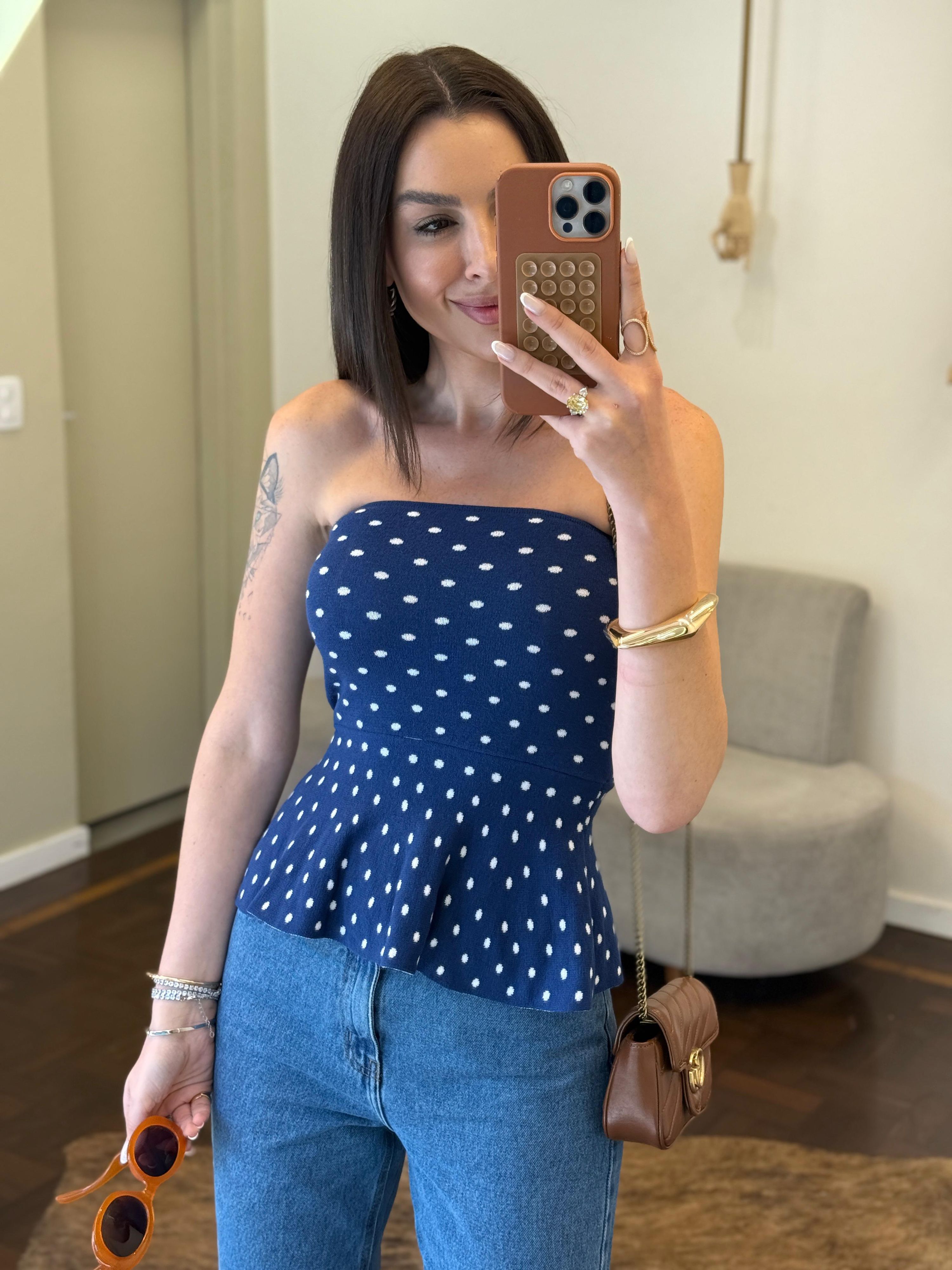 Tomara que Caia Fio Modal Poá - Peplum - Azul Marinho com Poá Branco 