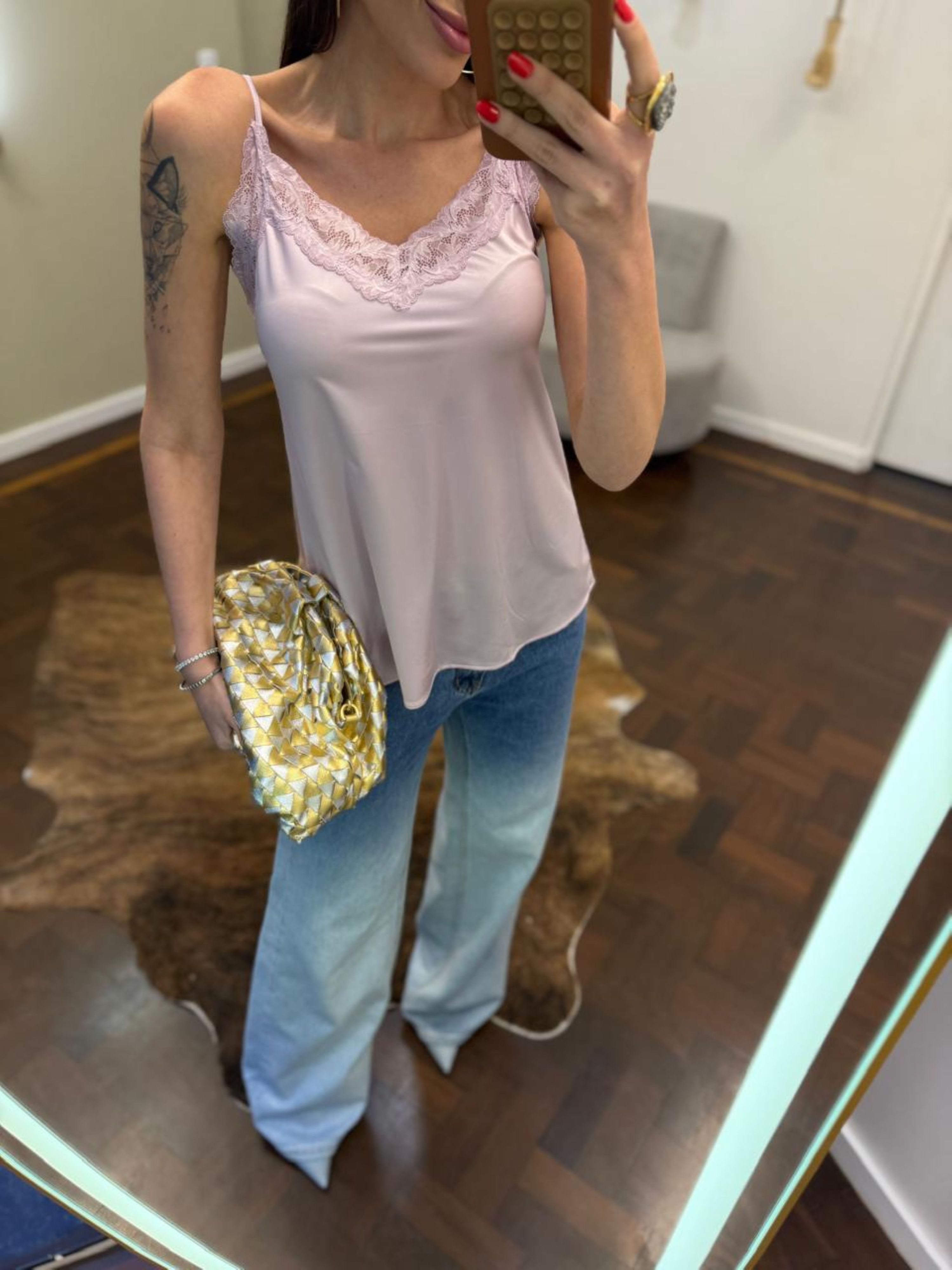 Regata Acetinada Elastano com Renda - Rosa Bebê