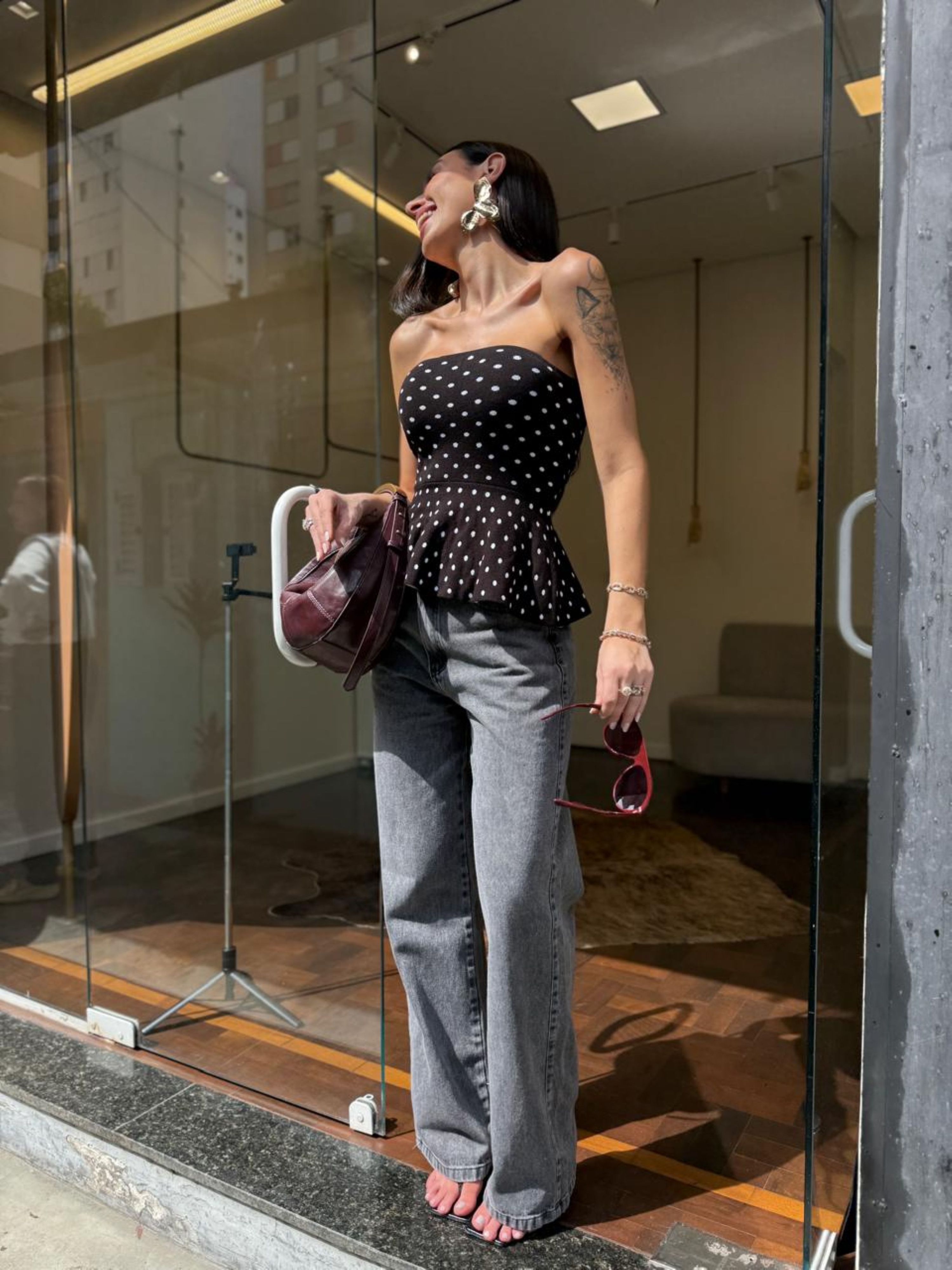 Tomara que Caia Fio Modal Poá - Peplum - Preto com...