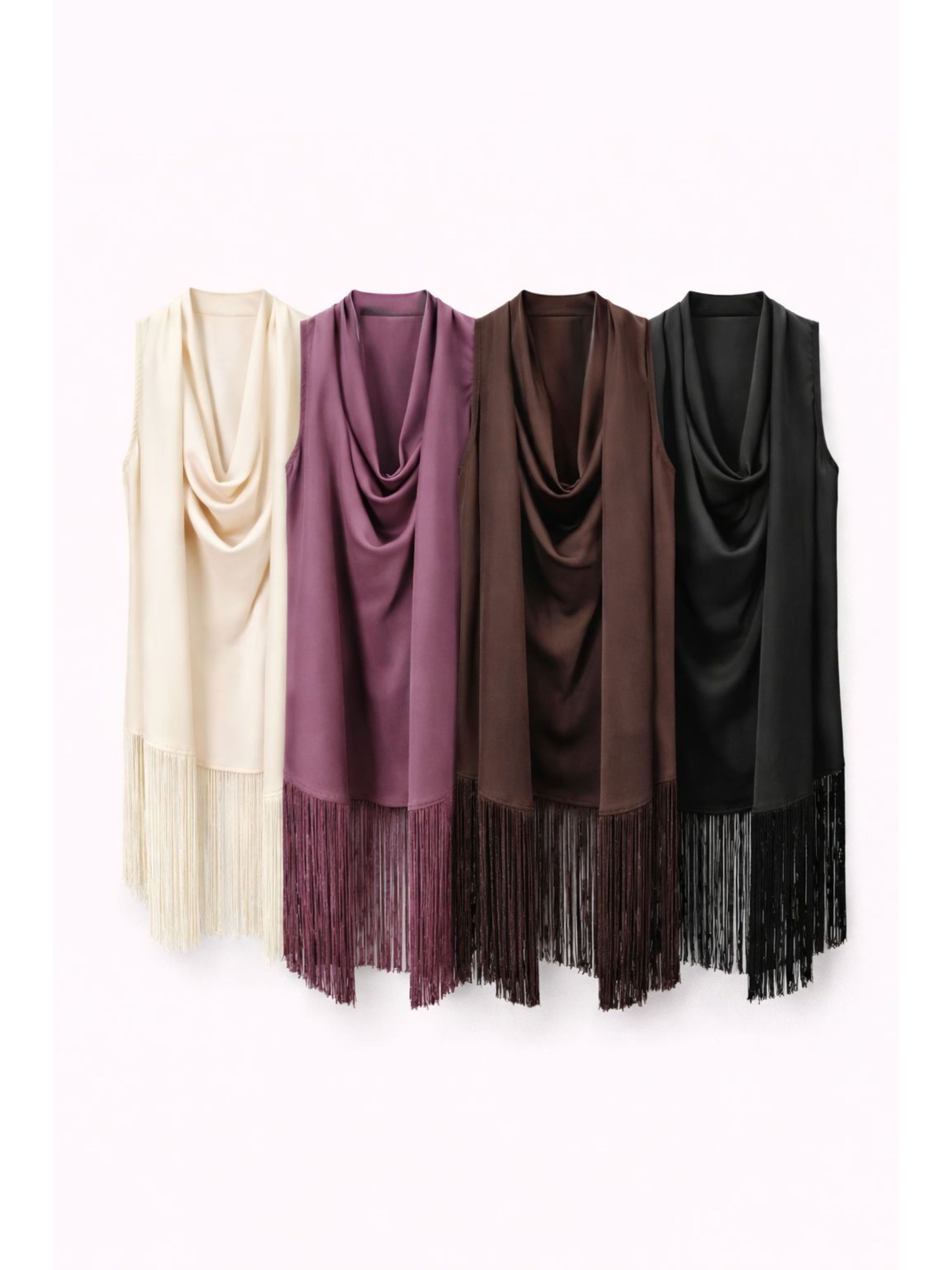 Blusa Cetim Echarpe Franjas - Marrom 