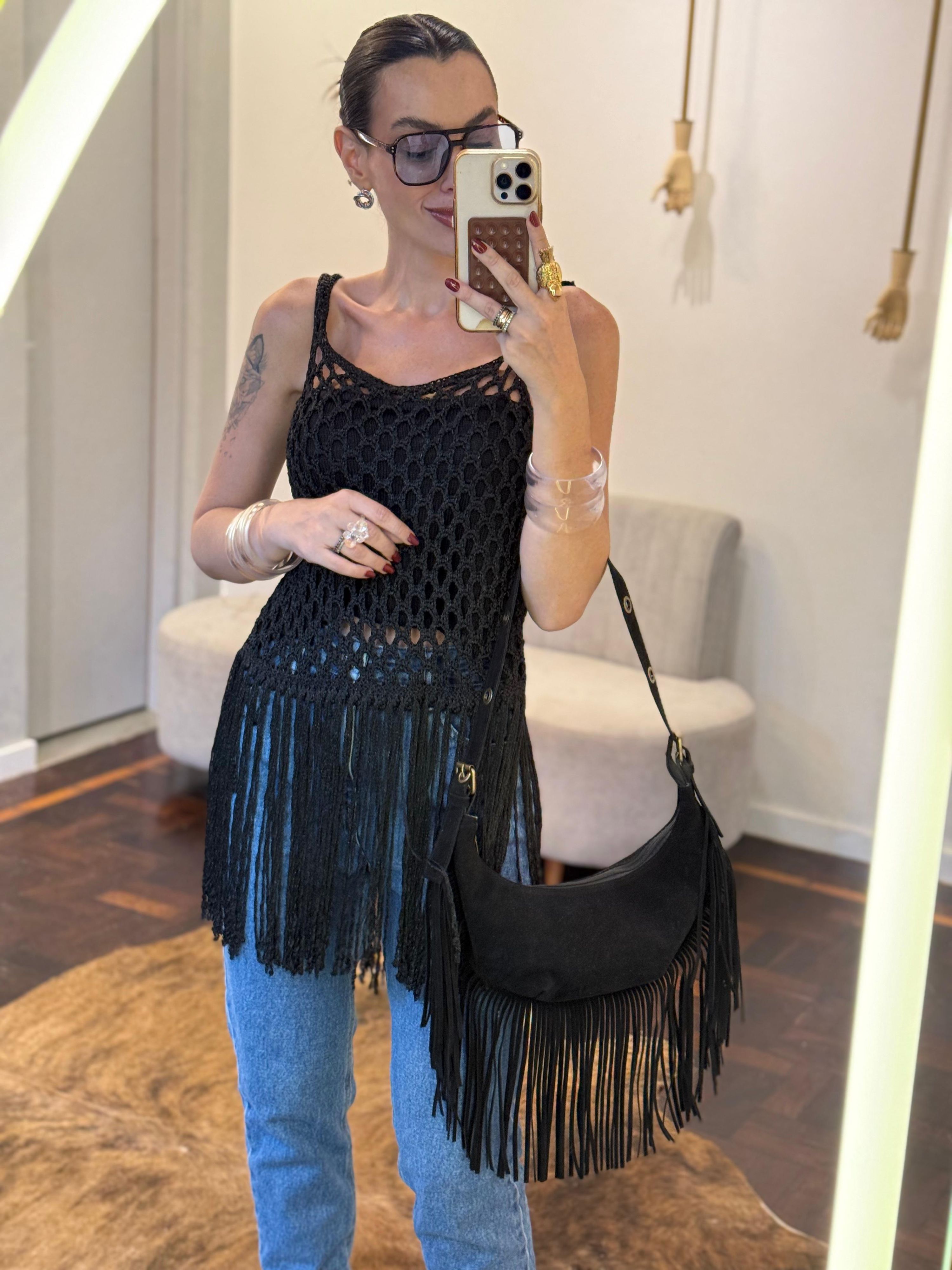 Bolsa Baguete c/ Franjas Chamois Vegan - Preta