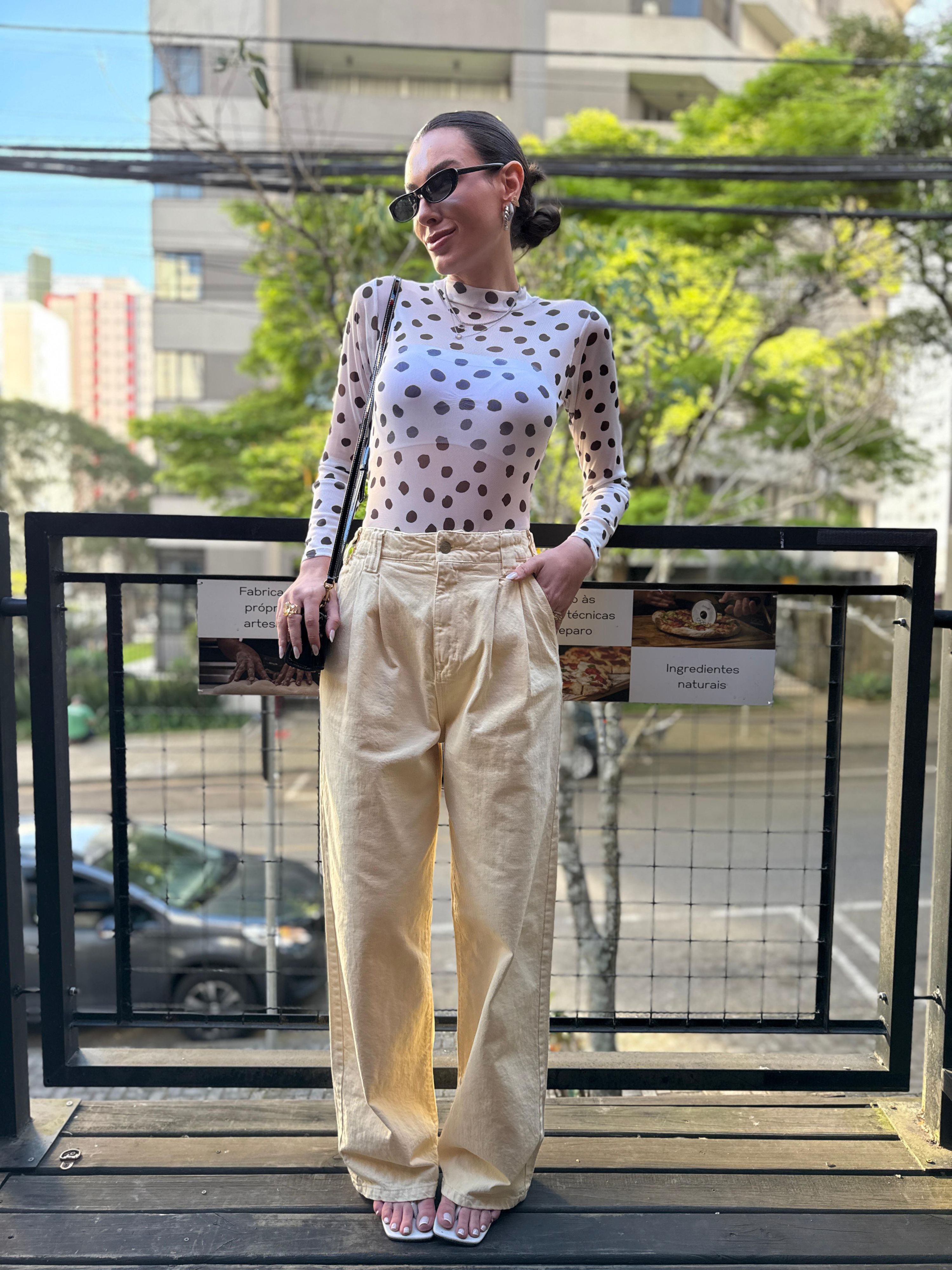 Calça Jeans Pantalona Cós Elástico Atrás - Amarelo 