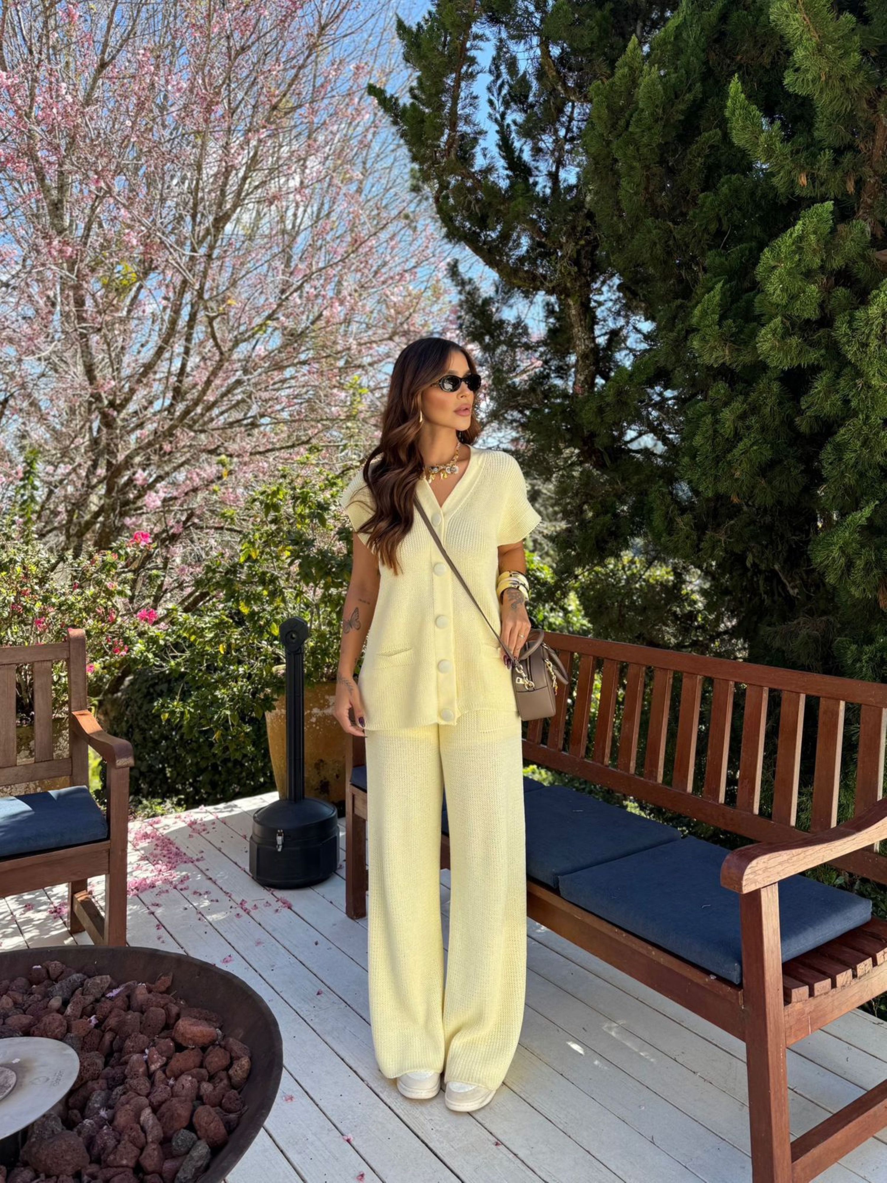 Conjunto Tricot Botões Forrados Fernanda - Amarelo Manteiga 