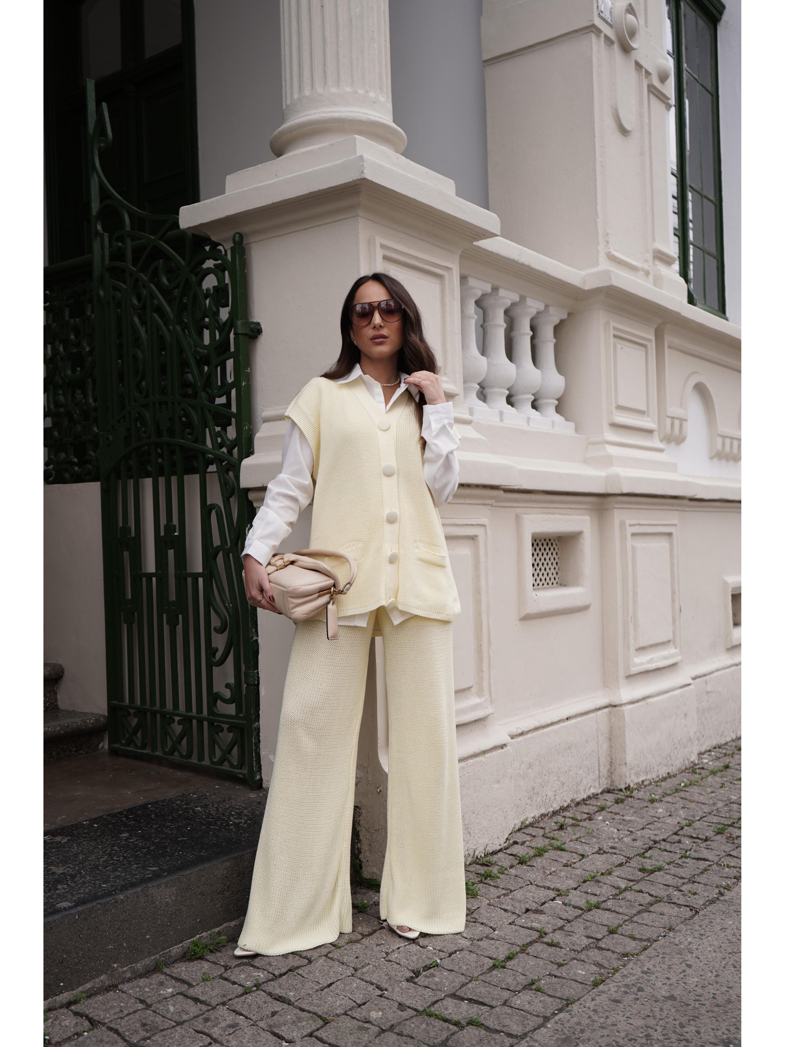 Conjunto Tricot Botões Forrados Fernanda - Amarelo Manteiga 