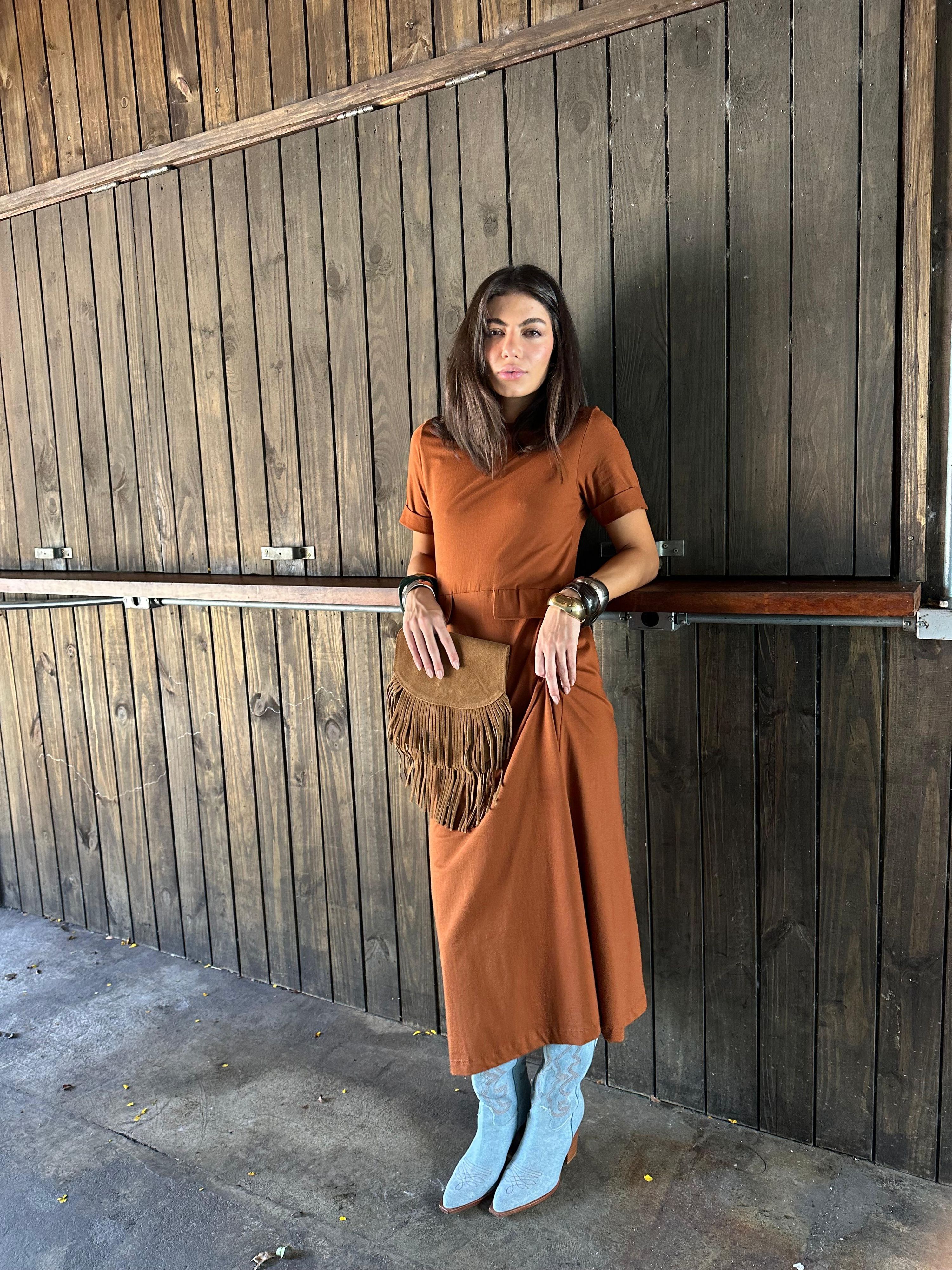 Vestido 100% Algodão Bolsos Elegance - Cor Telha 