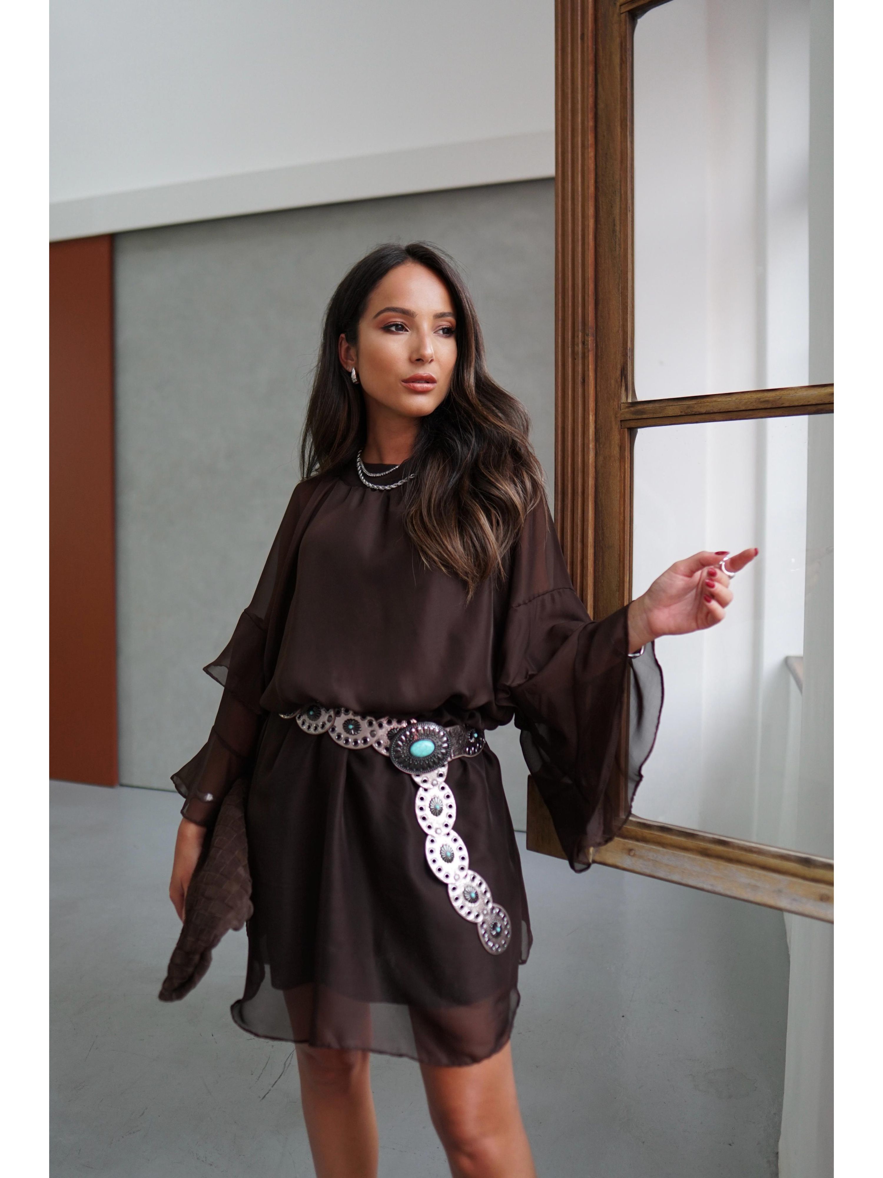 Vestido Chiffon Manga 7/8 - Marrom