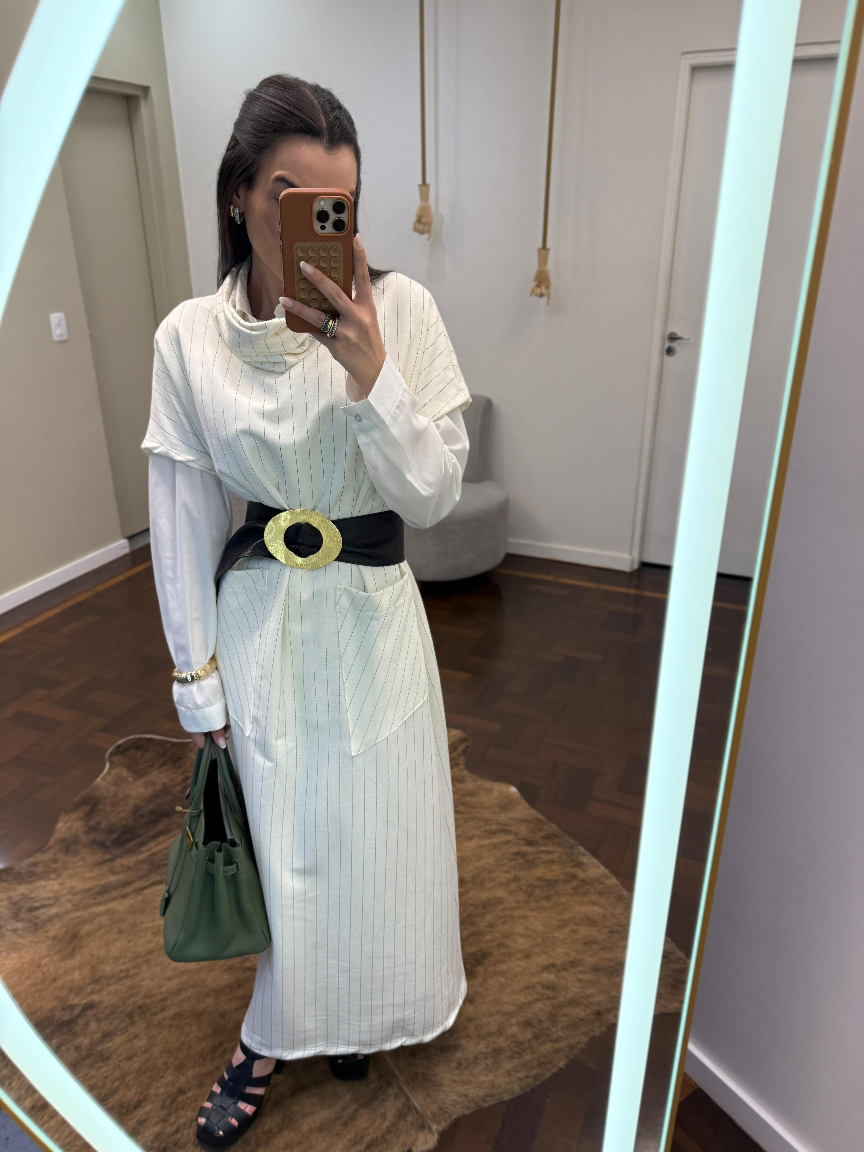 Vestido Moletom Risca de Giz - Gola Boba - Off White 