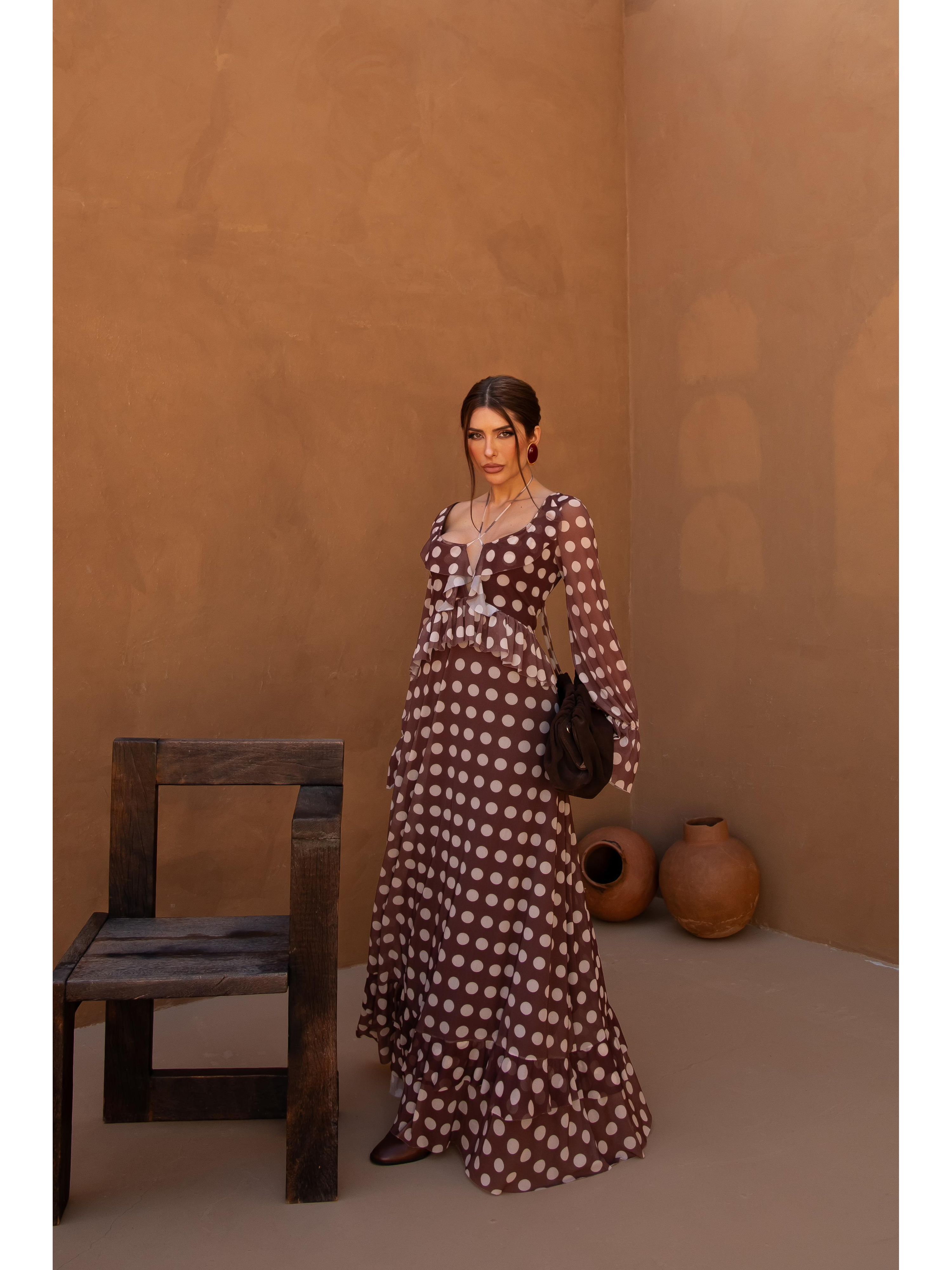 Vestido Longo Marrom Poá 