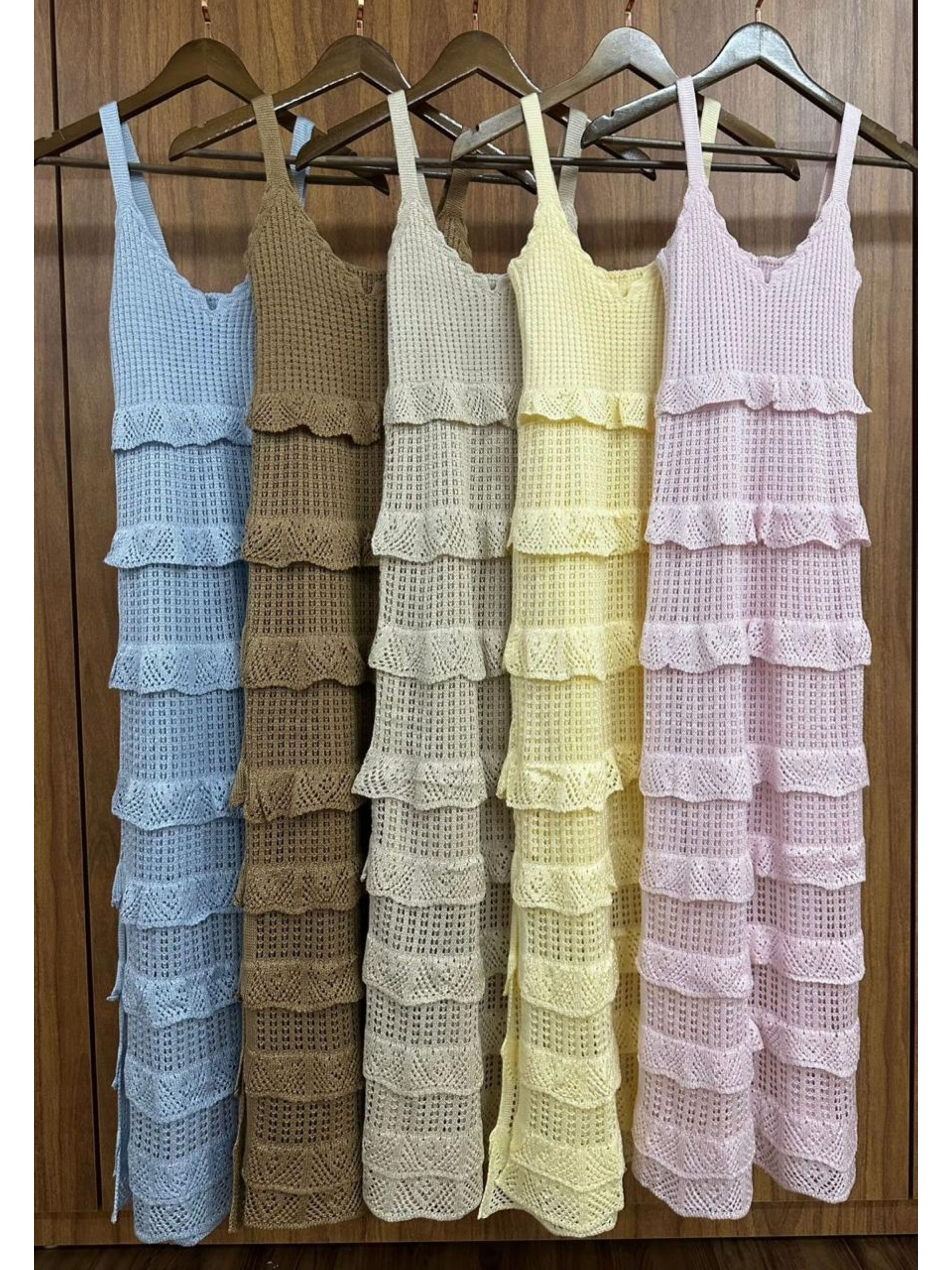 Vestido Tricot Longo Babadinhos Texturas - Azul Bebê 