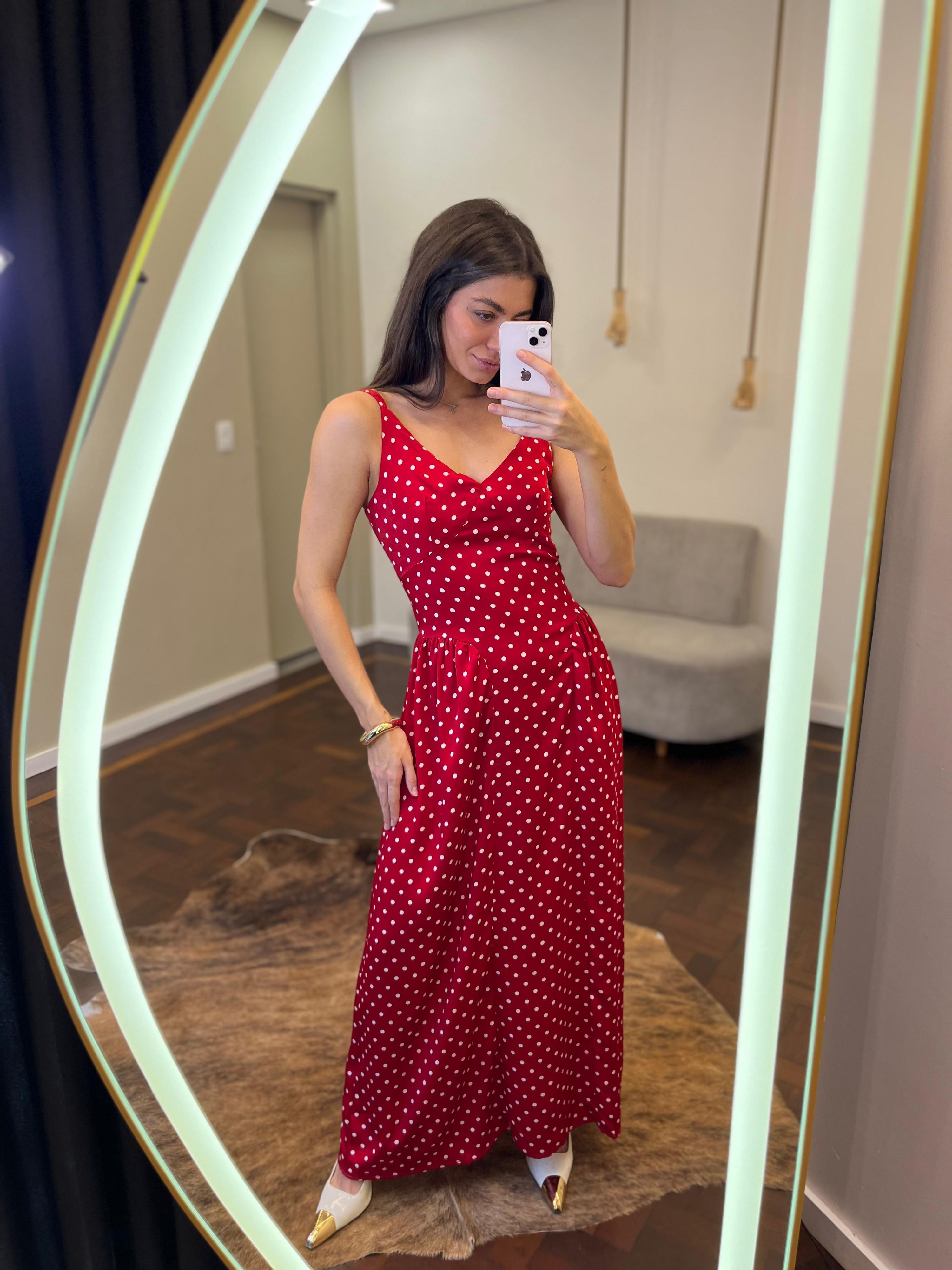 Vestido Poá Midi de Alça Heloísa - Vermelho 