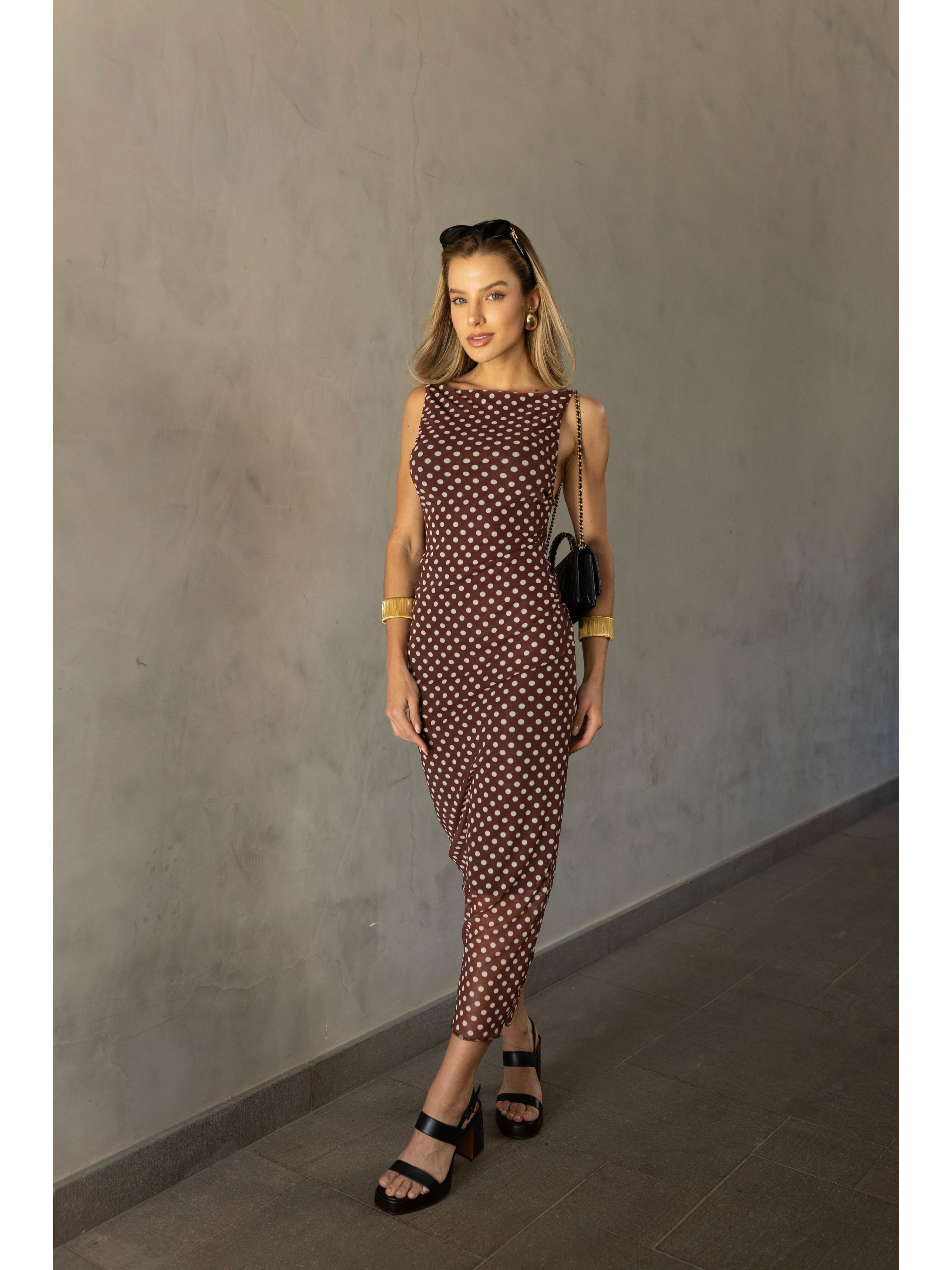 Vestido Tule Nadador Poá - Marrom com Poá Off White