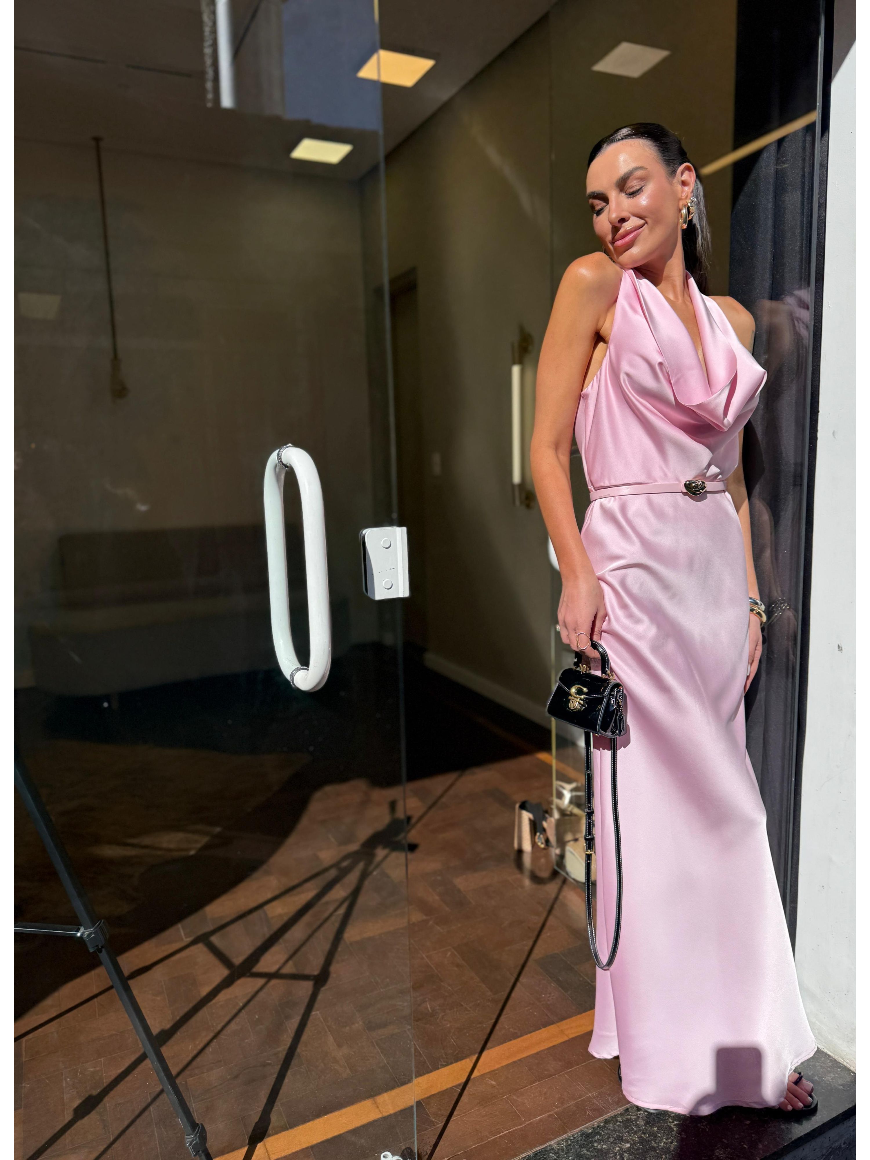 Vestido Cetim Gola Boba Gabriela - Rosa Bebê 