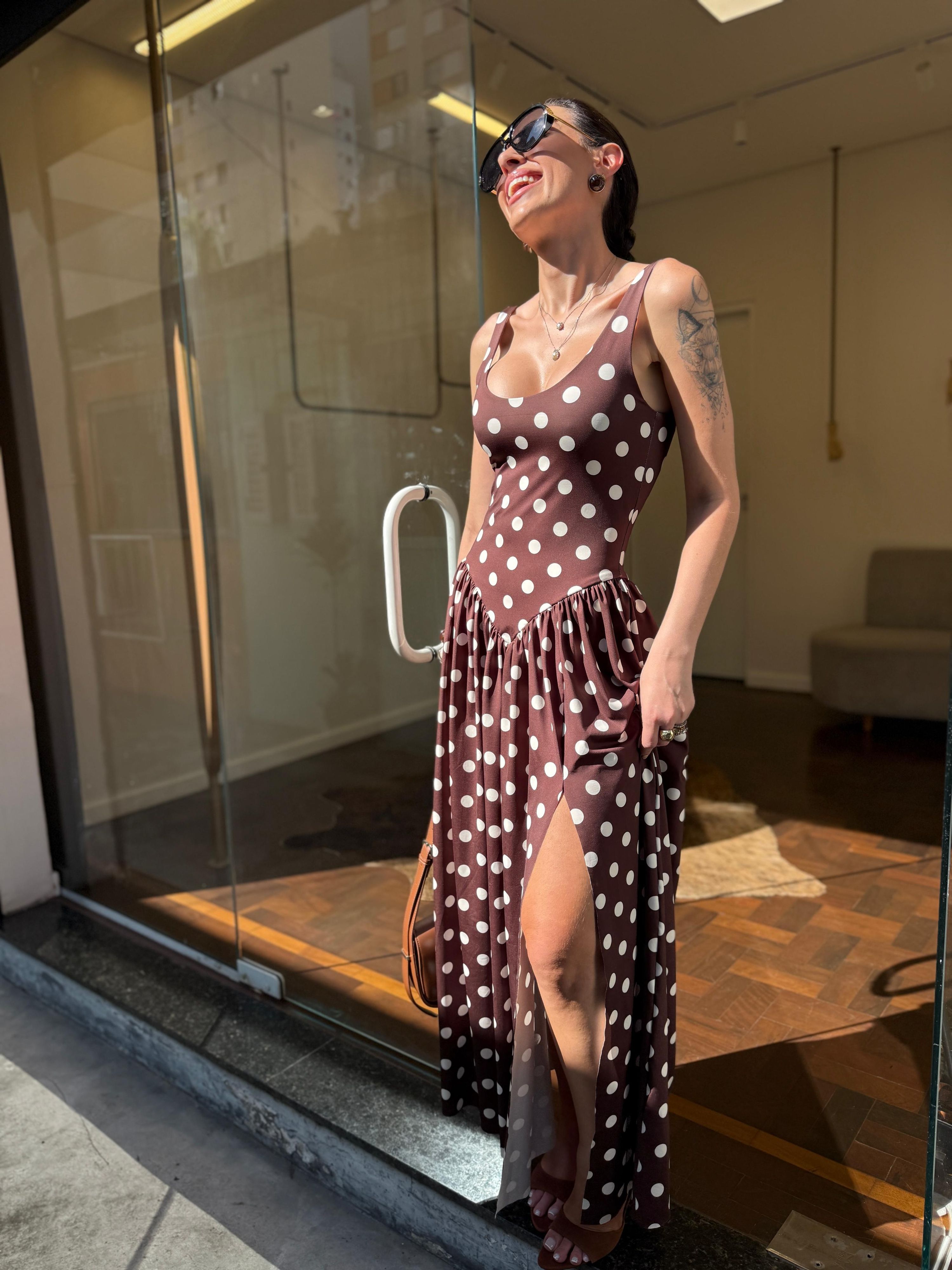 Vestido Ariela - Marrom com Poá Off White