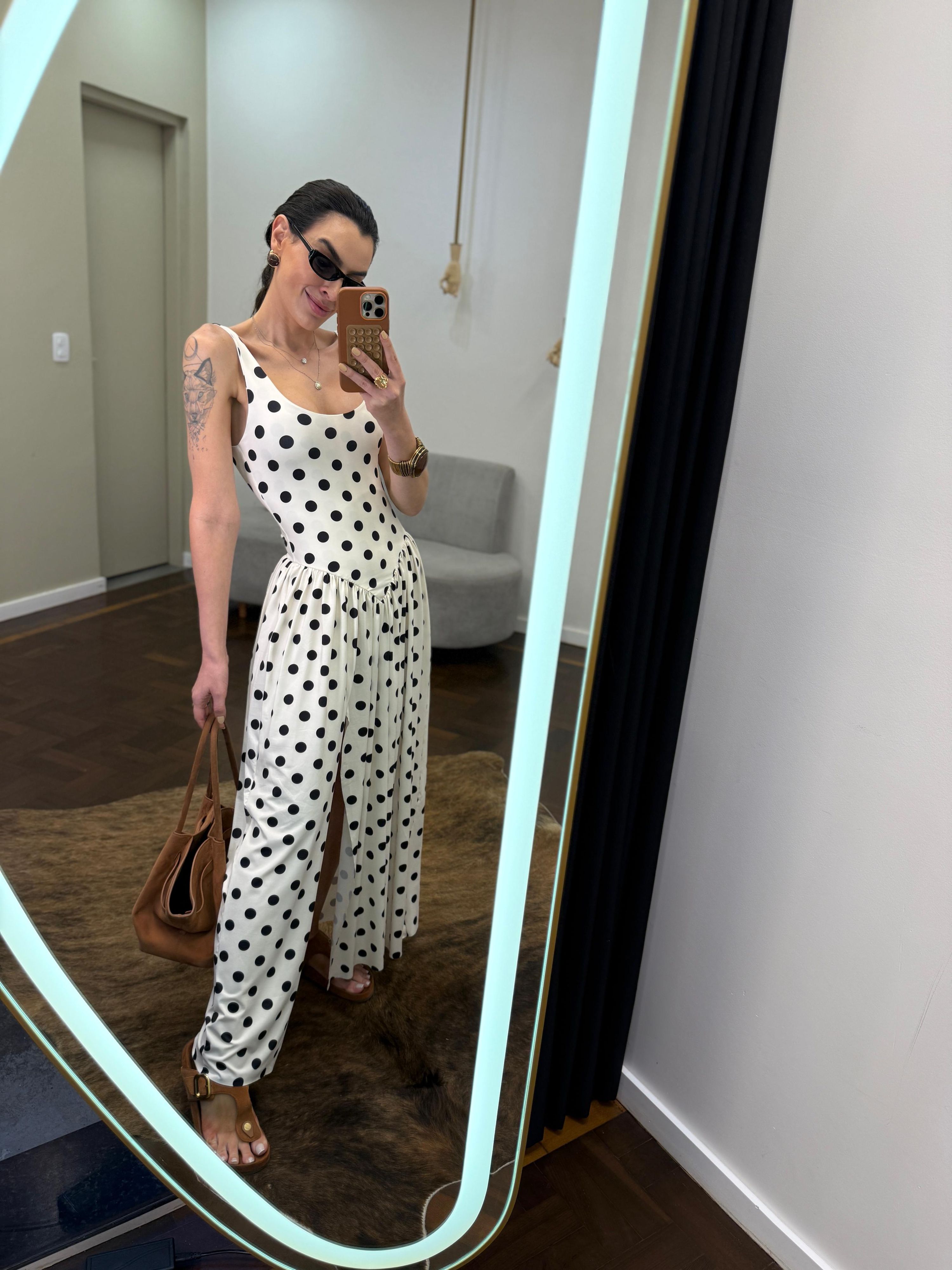 Vestido Ariela - Branco com Poá Preto