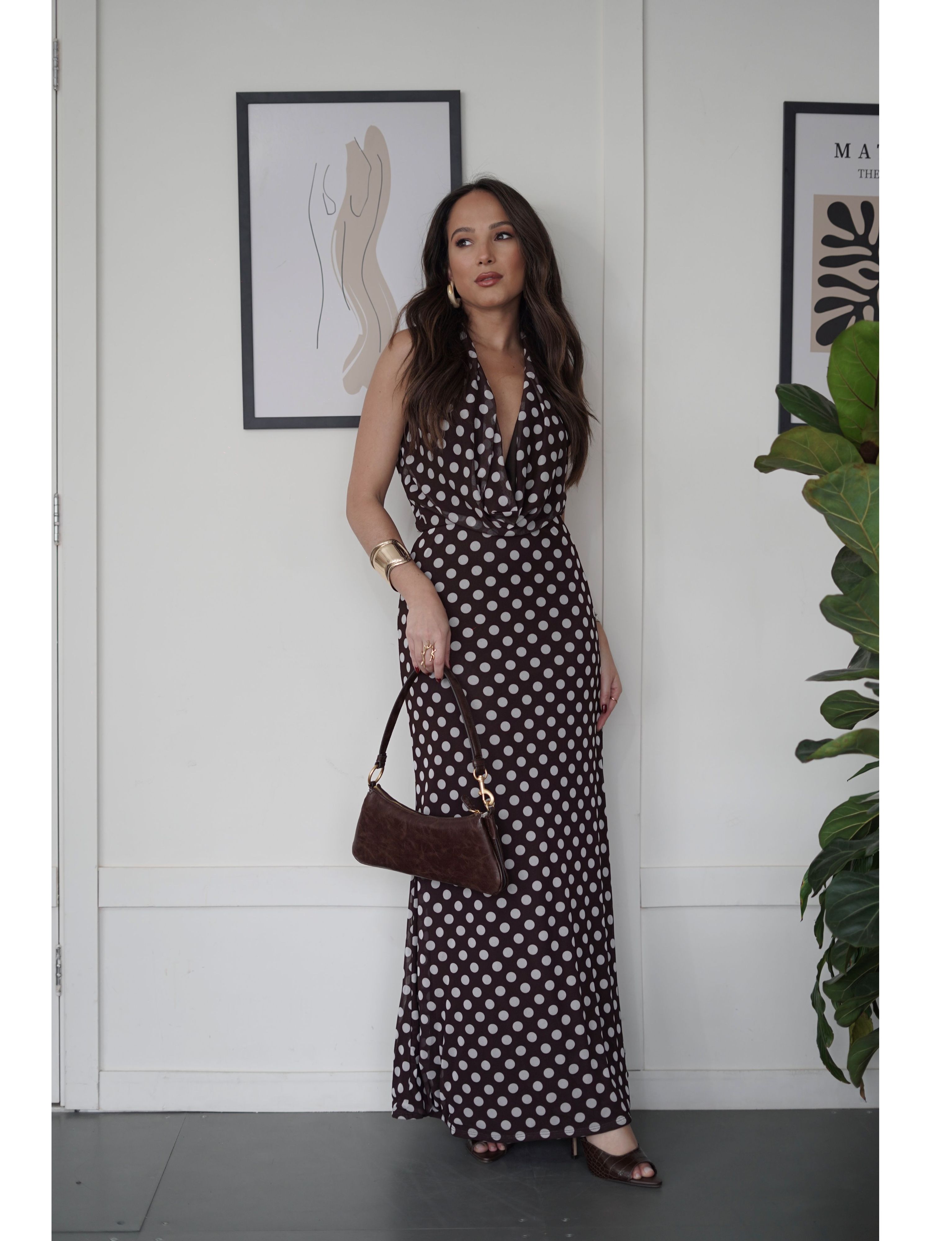 Vestido Gola Boba Poá - Marrom com Poá Branco 