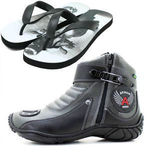 Bota para motociclista em couro legítimo cinza e p... - Atron Shoes