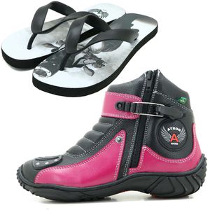 Bota feminina motociclista esportiva pink e preto ... - Atron Shoes