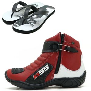 BOTA MOTOCICLISTA EM COURO LEGÍTIMO VERMELHO BRANC... - Atron Shoes