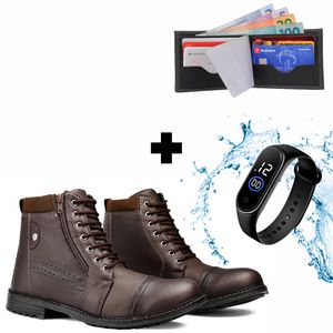 Kit Bota Masculina Zíper café + Carteira + Relógio... - Borgatta 