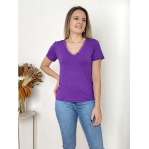 Tshirt Decote V Renda - Roxa - DONNA LELLA