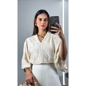 Saia Godê Longa Bordada com Cós Largo - Bege Claro