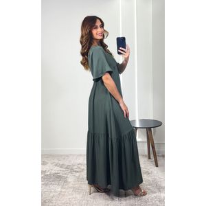 Vestido Midi Com Mangas e Decote V - Verde Musgo