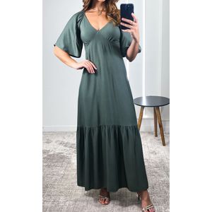 Vestido Midi Com Mangas e Decote V - Verde Musgo