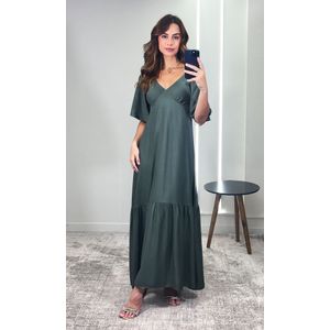 Vestido Midi Com Mangas e Decote V - Verde Musgo