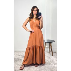 Vestido Midi Alça Fina e Costura na Barra - Caramelo