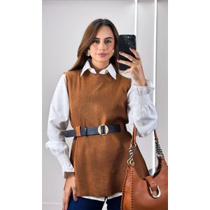 Camisa com Colete Tricô e Cinto - Caramelo