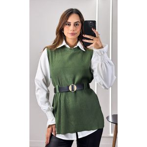 Camisa com Colete Tricô e Cinto - Verde