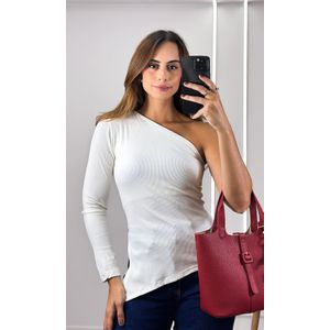 Blusa Assimétrica Ribana com Manga - Branco