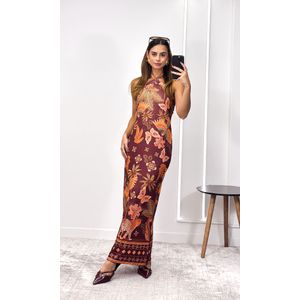 Vestido Poliamida Frente Única Estampado - Bordô/Laranja