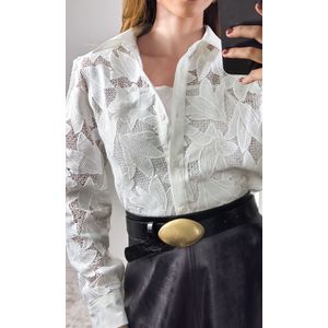 Camisa Guipir Folhagem com Gola - Branco