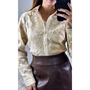 Camisa Guipir Folhagem com Gola - Bege