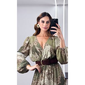 Vestido Longo Crepe Paisley com Manga - Verde Oliva