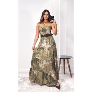 Vestido Longo Crepe Paisley - Verde Oliva