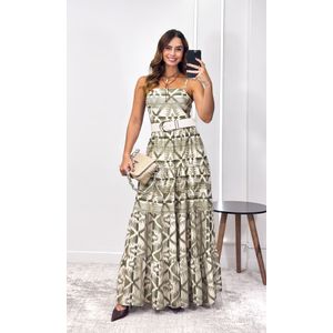 Vestido Longo Crepe Abstrato - Verde Oliva