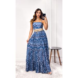 Vestido Longo Crepe Abstrato - Azul