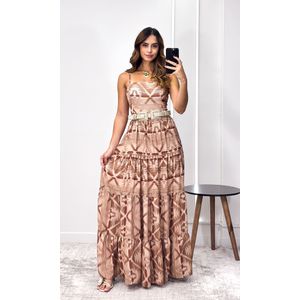 Vestido Longo Crepe Abstrato - Marrom